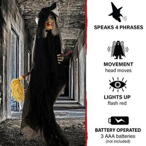 Large Haunted Hill Farm Witch on Broom Animatronic w/ 4 Greetings & Lights NEW!